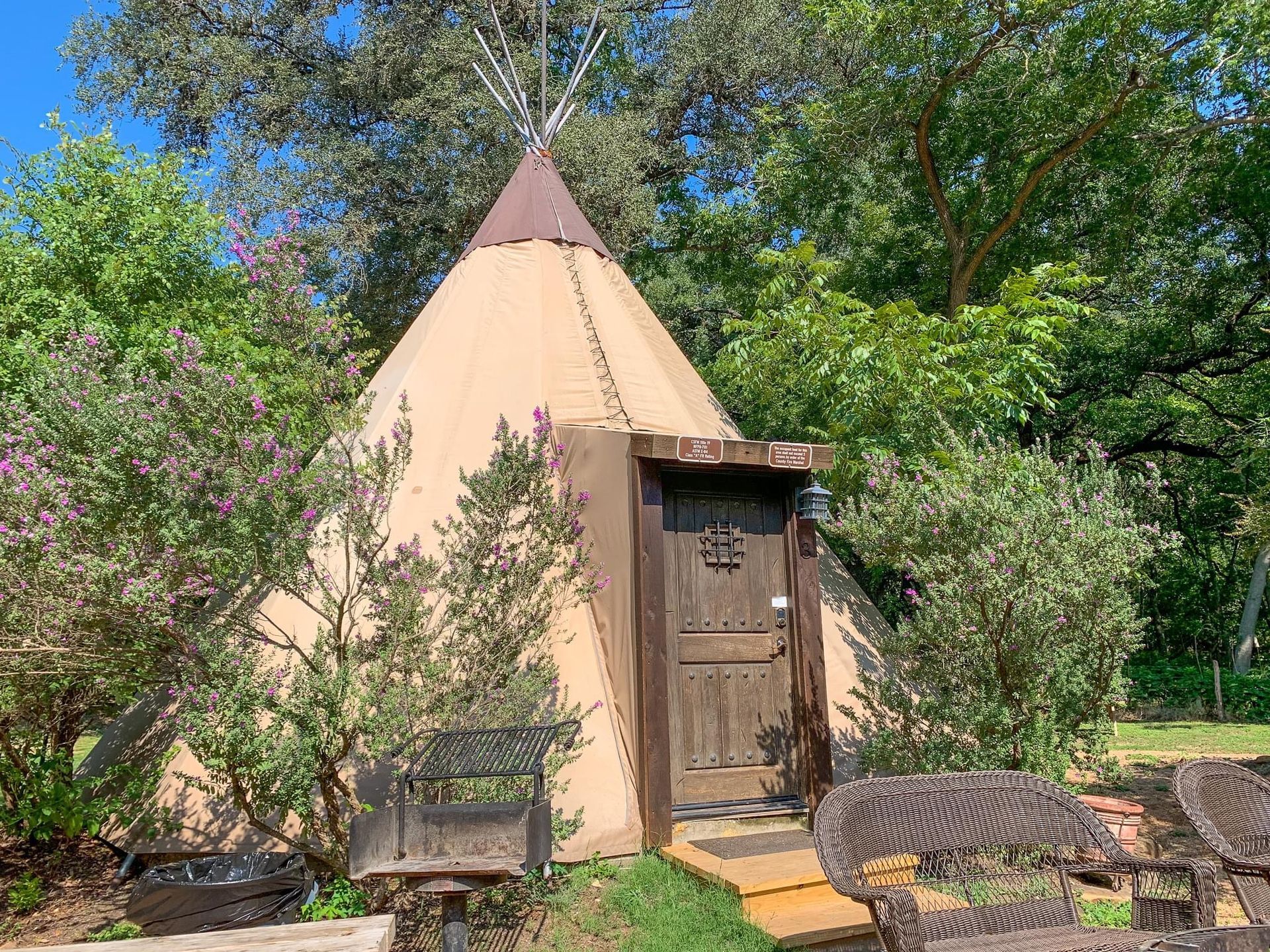 A teepee is sitting in the middle of a lush green field surrounded by trees.