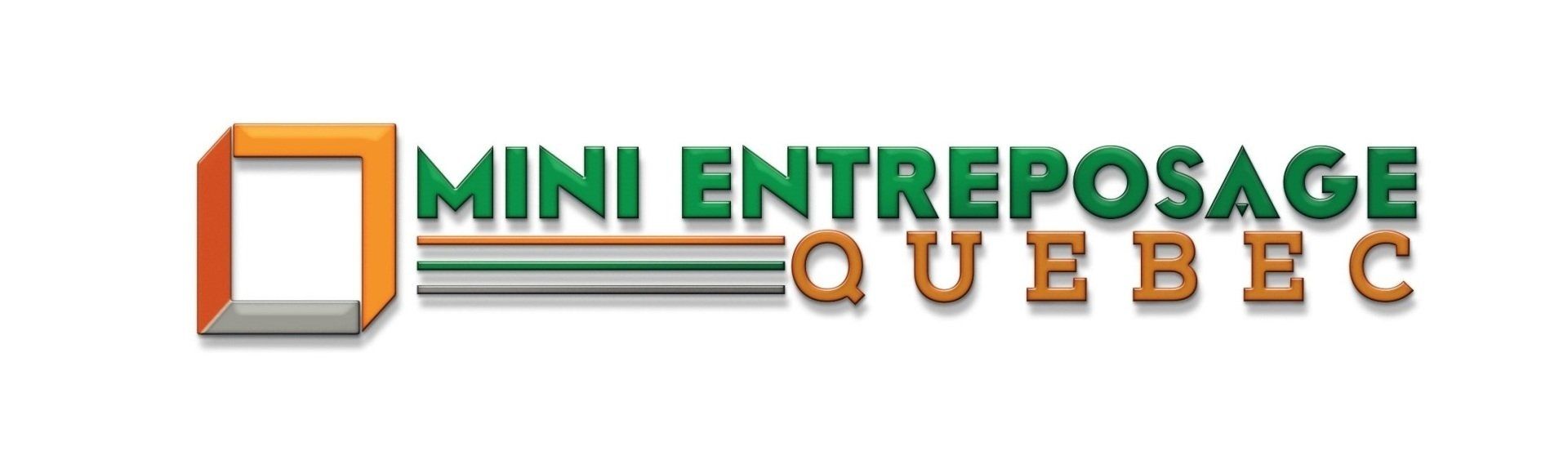 Logo pour Mini Entreposage Québec; carré orange et gris avec texte vert, deux lignes et texte beige.