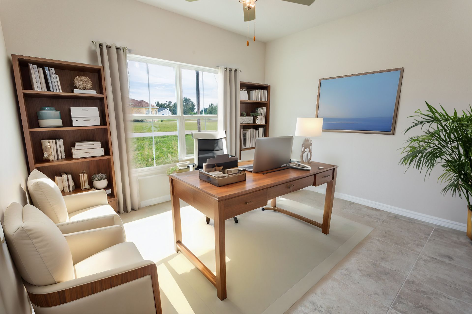 A home office with a desk , chairs , bookshelves and a laptop.
