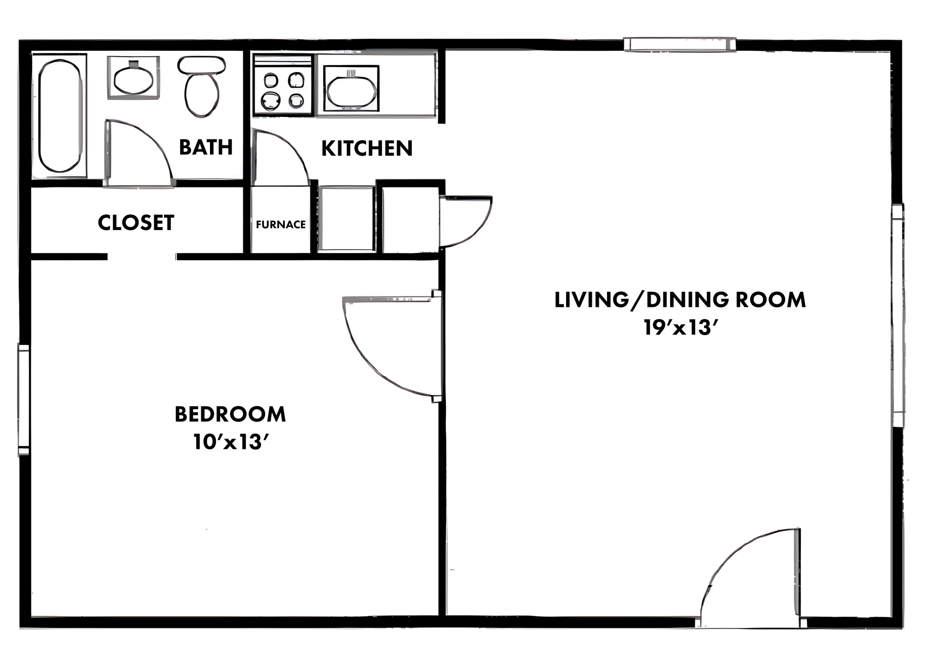 A black and white floor plan of a bedroom , living room , dining room and bathroom.