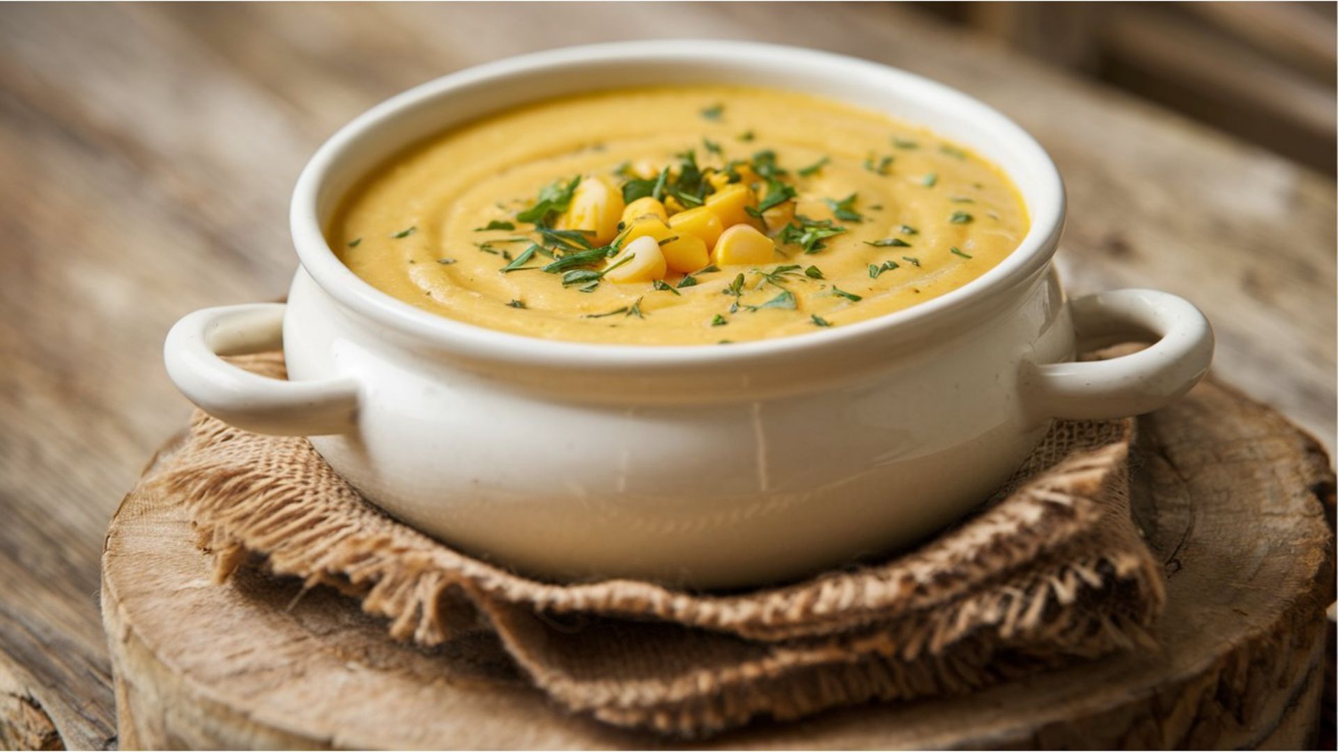 Creamy yellow soup in a white handled bowl, topped with herbs and chickpeas on a rustic cloth napkin.