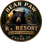 Bear Paw RV Resort logo with bear, mountains, sunset, and trailer in Eagar, AZ