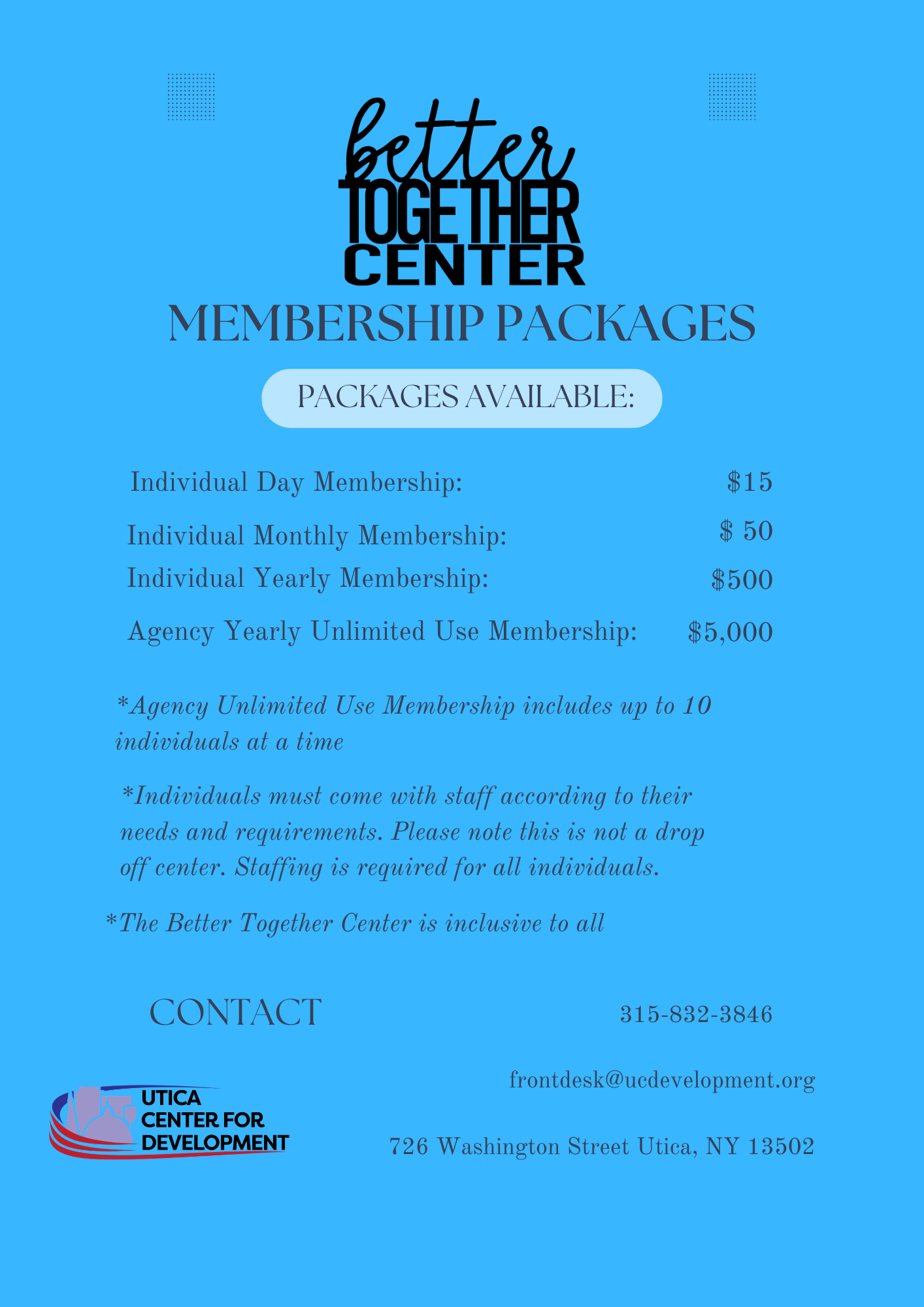 Membership packages flyer for a center called 