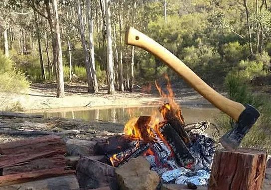 Axe sitting in a wood block by the lake