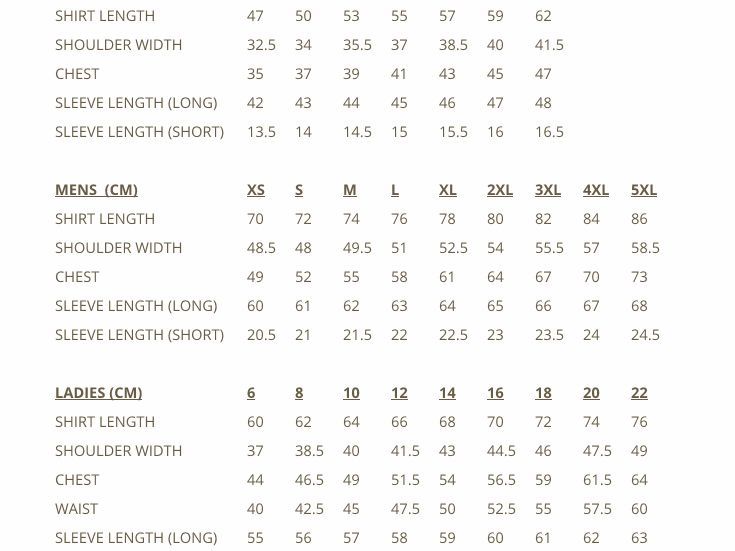 A Table Showing the Sizes of Mens and Ladies Shirts — Meraki Equestrian Centre in Mareeba, QLD