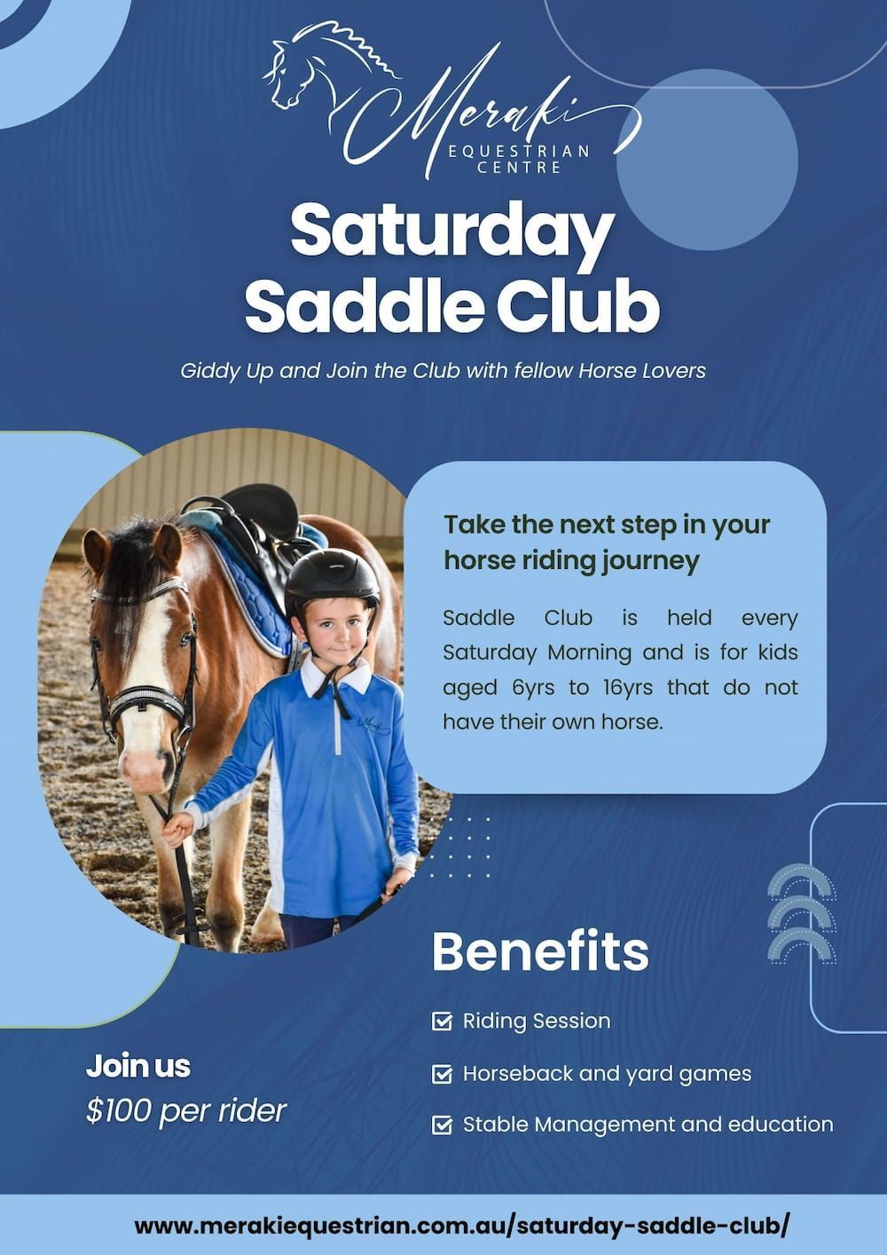 A Poster for a Saturday Saddle Club With a Boy Standing Next to a Horse — Meraki Equestrian Centre in Mareeba, QLD