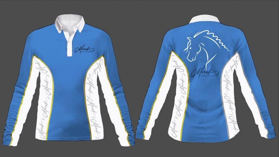 A Blue and White Shirt With a Horse on It — Meraki Equestrian Centre in Mareeba, QLD