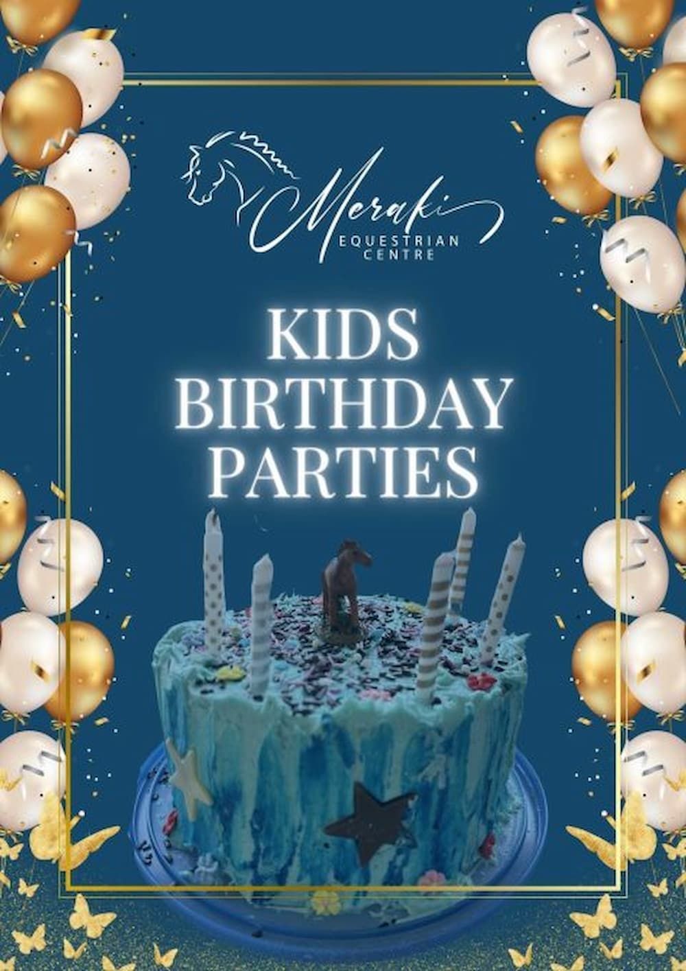 A Poster for Kids Birthday Parties With a Cake and Balloons — Meraki Equestrian Centre in Mareeba, QLD