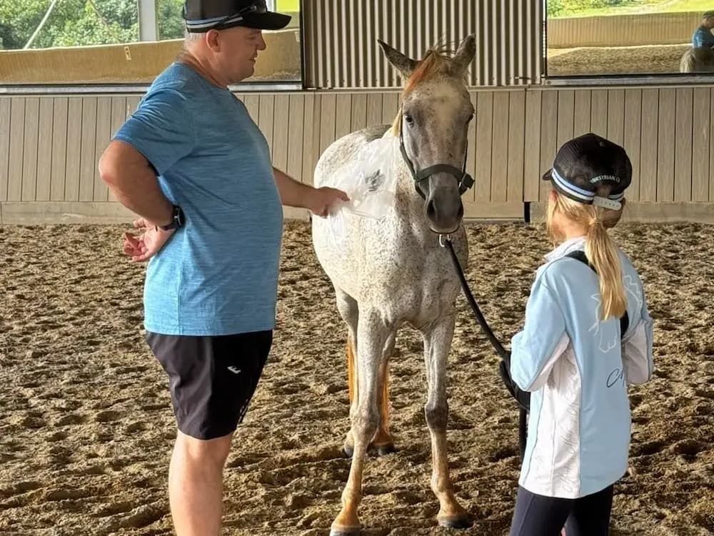A Man and a Girl Are Standing Next to a Horse in a Stable — Meraki Equestrian Centre in Mareeba, QLD