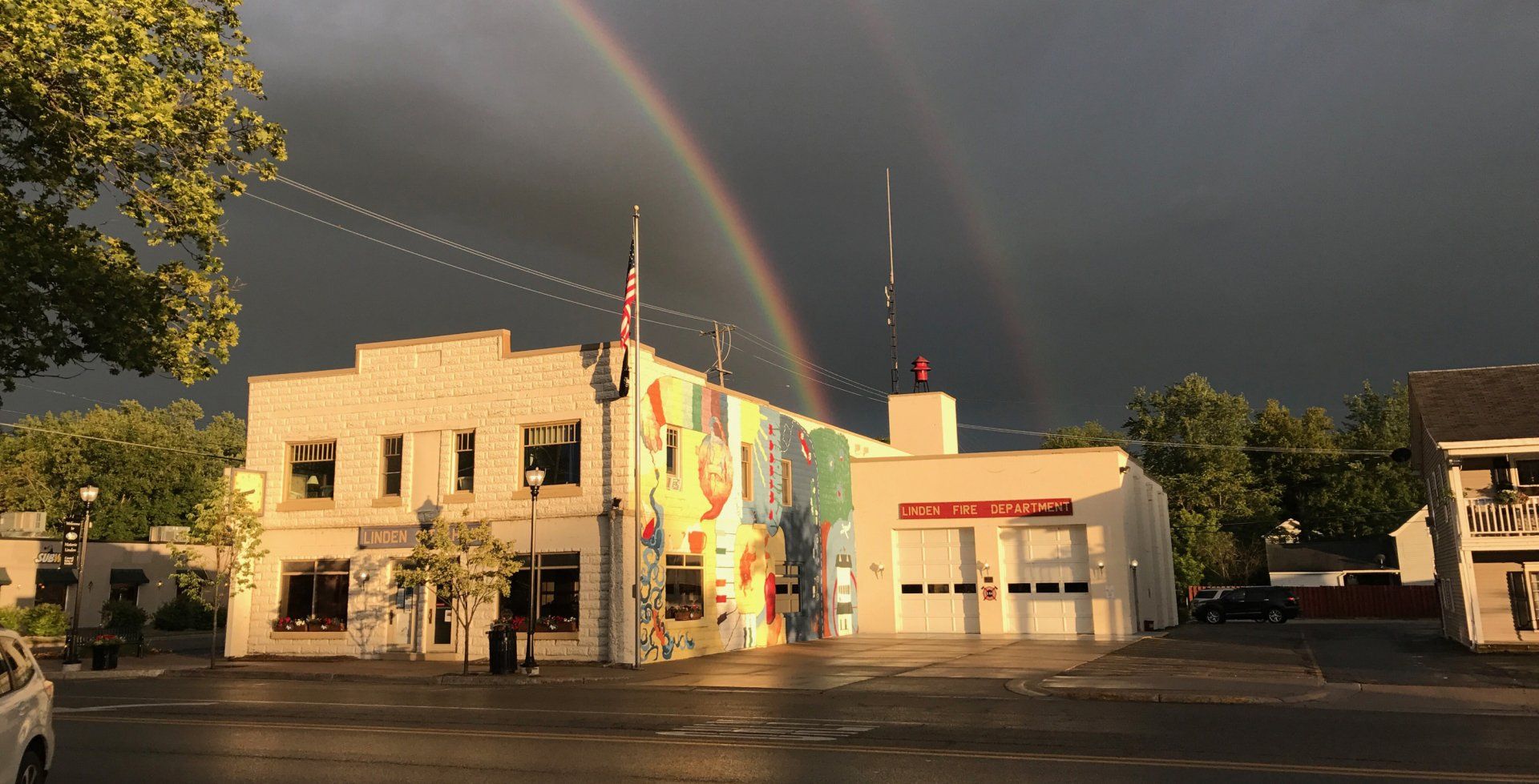 photo of the City of Linden Hall under a rainbow