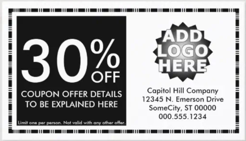 Black and white coupon offering 30% off, space for logo, company info.