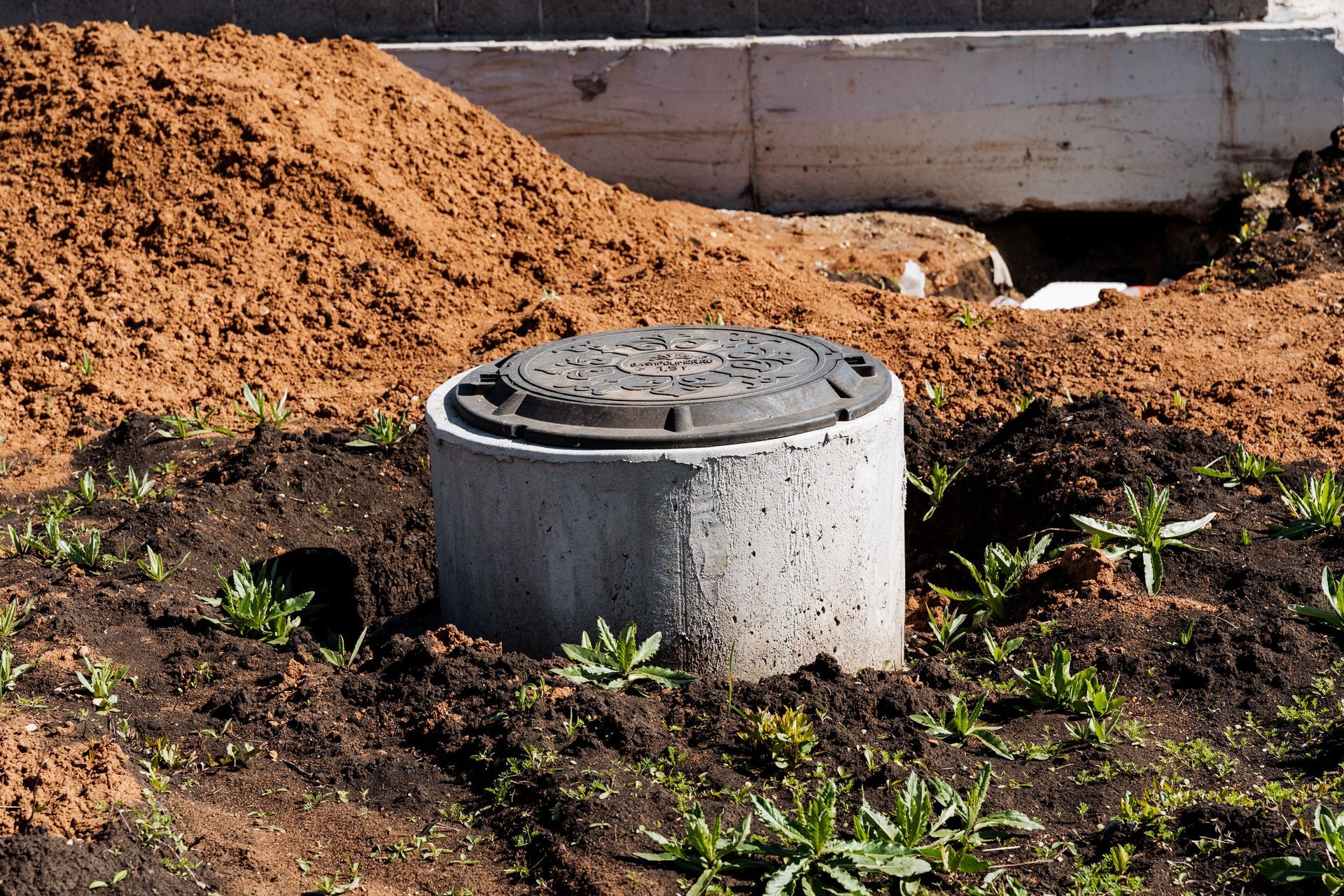 A concrete manhole riser with a black metal cover installed in a dirt patch at a construction site.