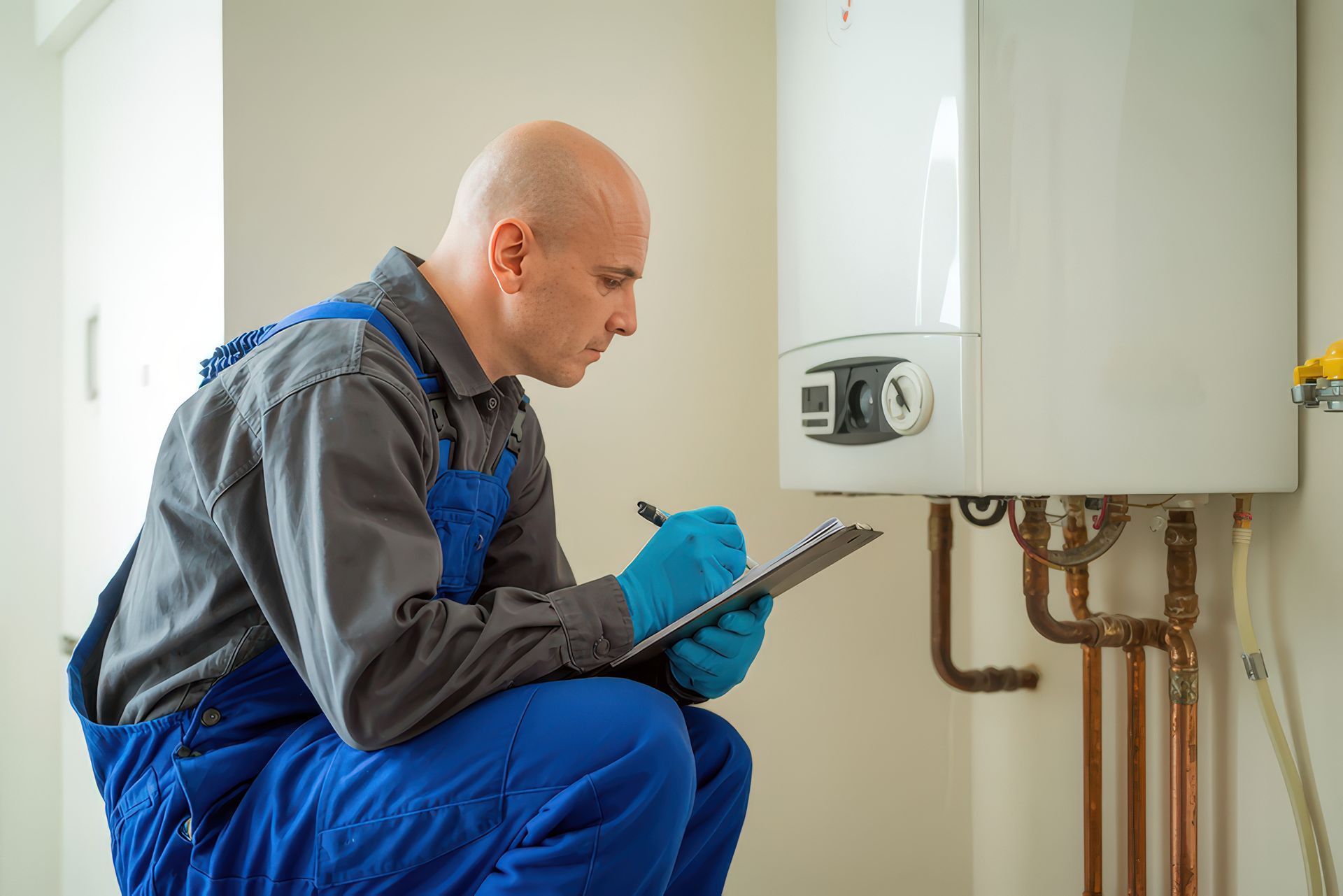 A male technician inspects a home heating boiler and takes notes on a clipboard.
