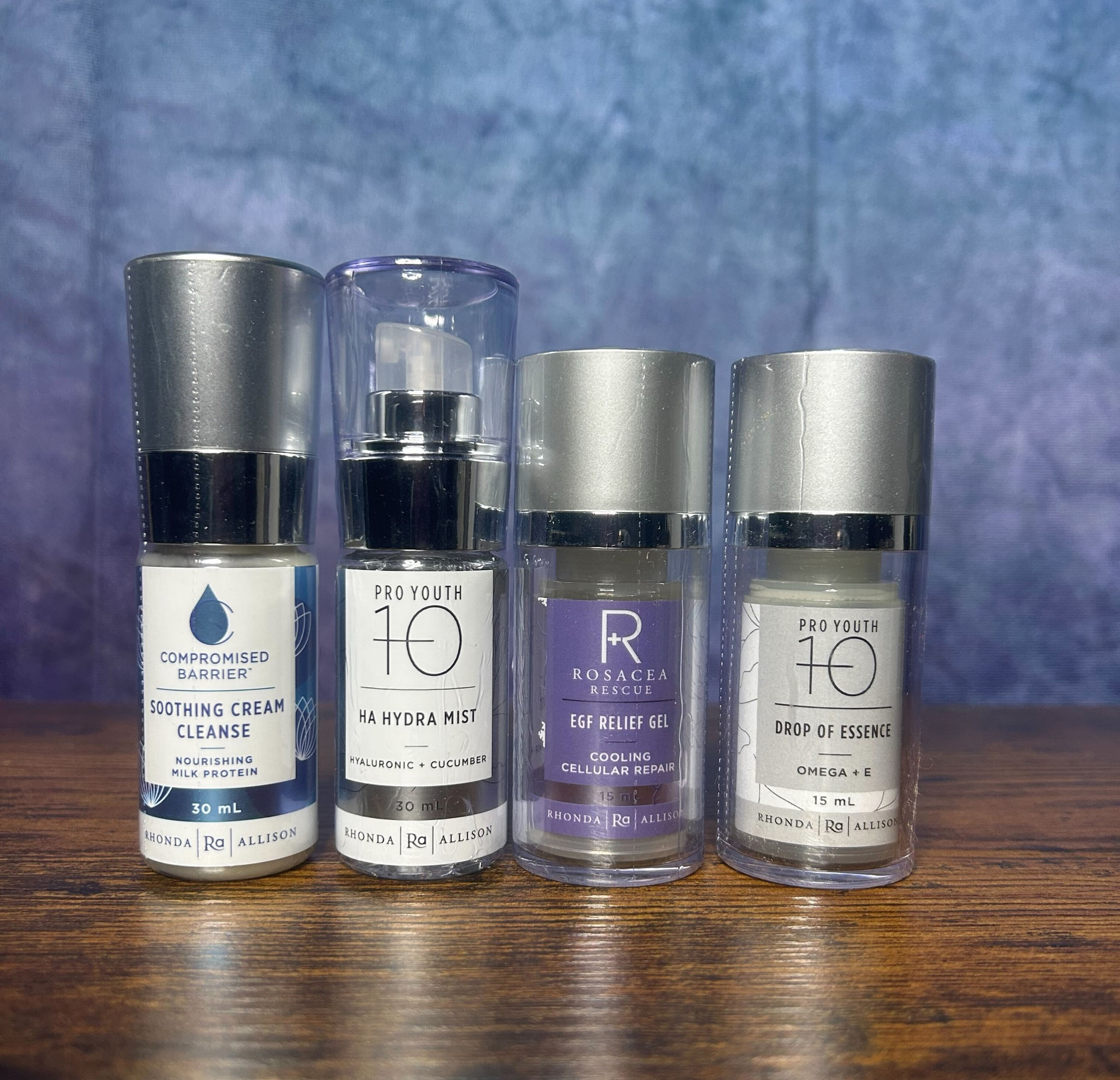 Post-Care regimen products, from left to right: Soothing Cream Cleanser, EGC Relief Gel, and Drop Of Essence