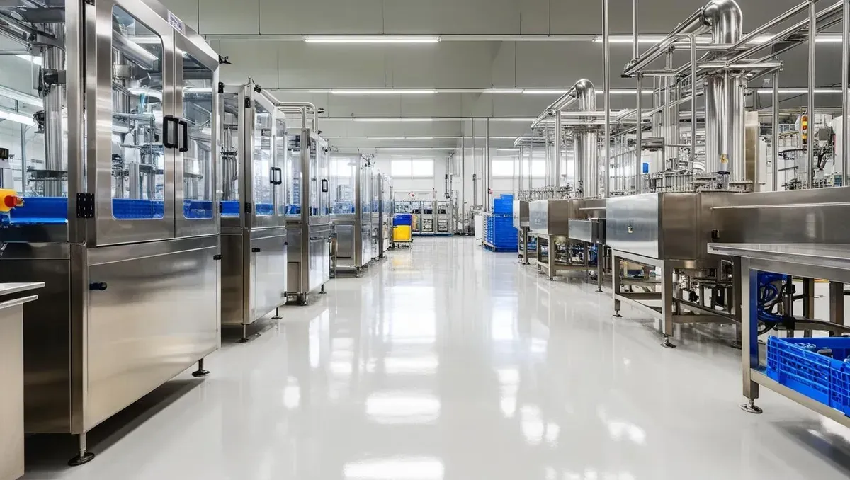 A factory with lots of machinery and a white floor.