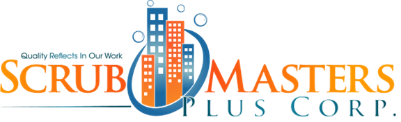 A logo for scrub masters plus corp. with a building in the middle