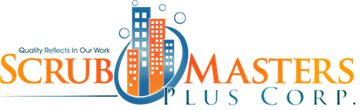 A logo for scrub masters plus corp. with a building in the middle