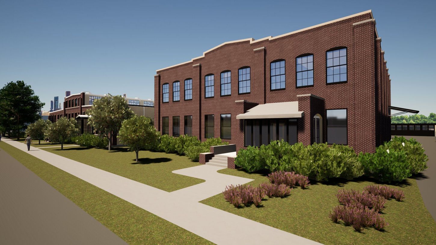 An artist 's impression of a brick building next to a sidewalk.