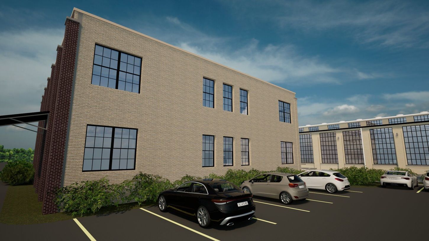 A rendering of a building with cars parked in front of it