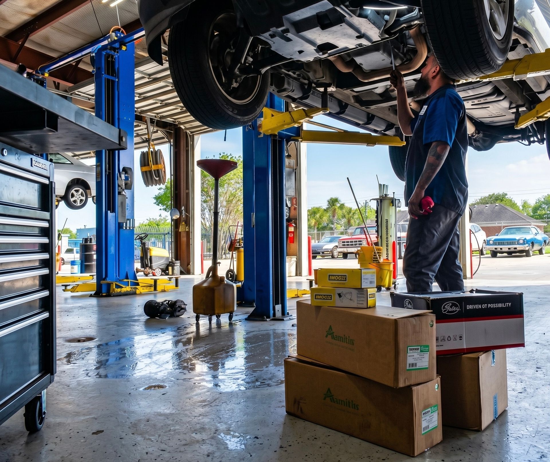Mechanic working under a lifted car in an auto repair shop with tools and wet floor. | Dub's Garage