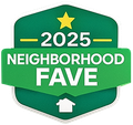 Green badge with star reading “2025 Neighborhood Fave” in white text, with a small house icon at bottom | Dub's Garage