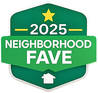 Green badge with star reading “2025 Neighborhood Fave” in white text, with a small house icon at bottom | Dub's Garage