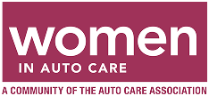 Women in Auto Care logo on a maroon background with white text and pink accent line | Dub's Garage