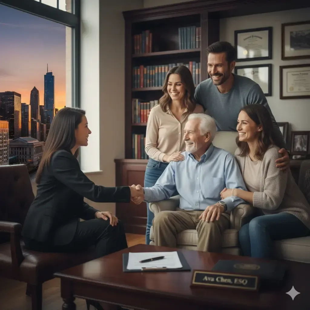 Chicago nursing home medication error lawyer meeting with satisfied clients after case resolution
