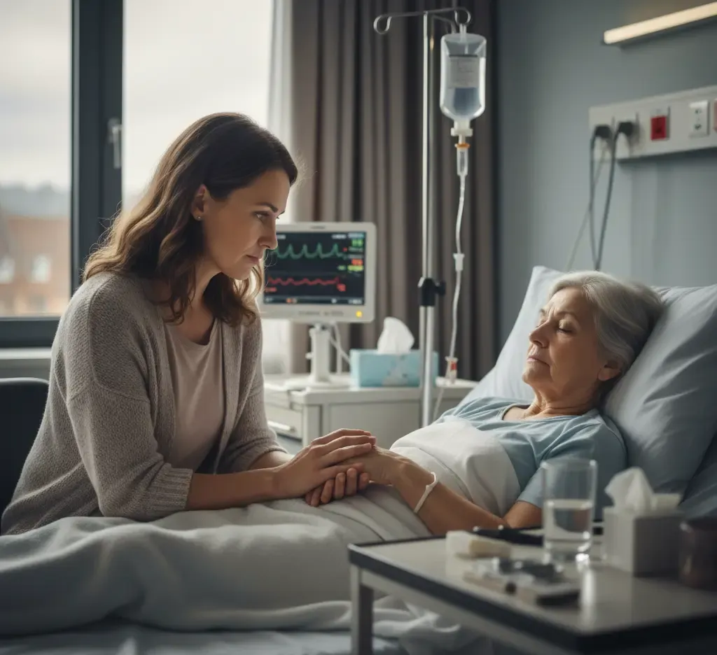 Family member comforting elderly patient hospitalized after nursing home medication error in Chicago