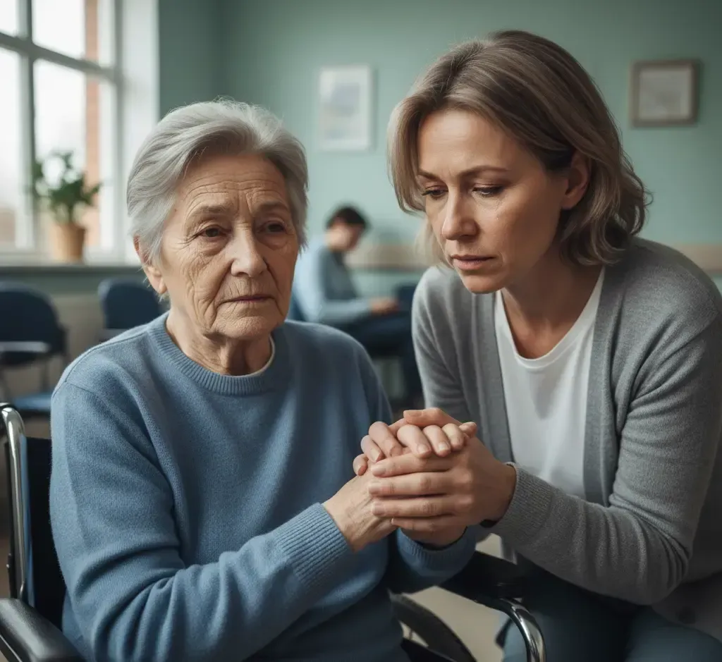 Elderly resident showing signs of nursing home neglect with concerned family member in Chicago