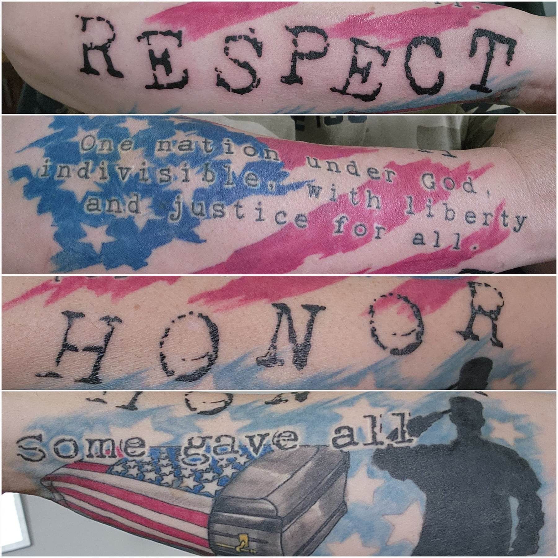A tattoo that says respect honor and come gave all