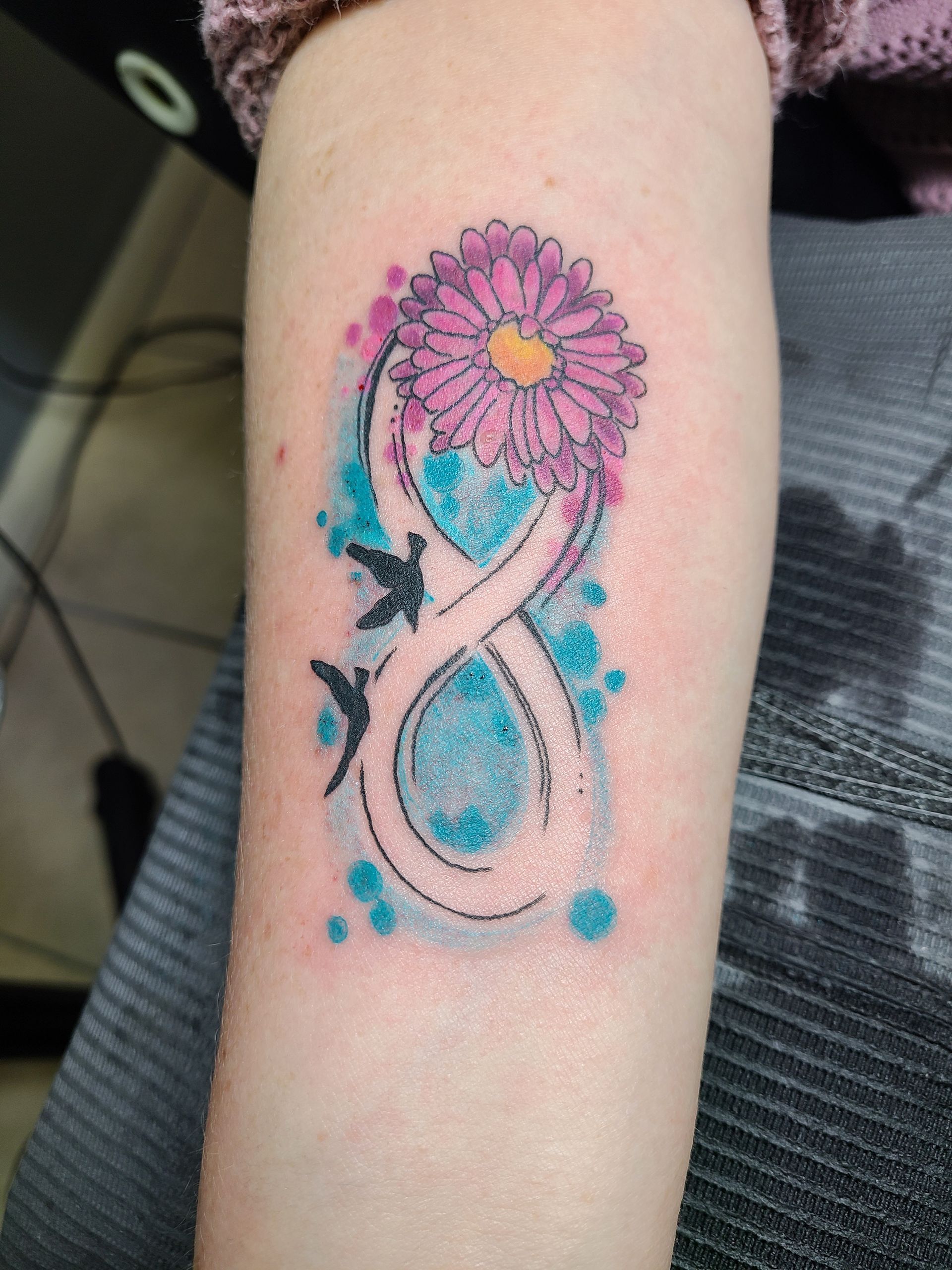 A person has a tattoo of an infinity symbol with a flower and birds on their arm.