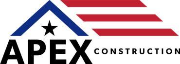 Logo for Apex Construction: House silhouette with a hammer and paint brush, blue and gray colors.