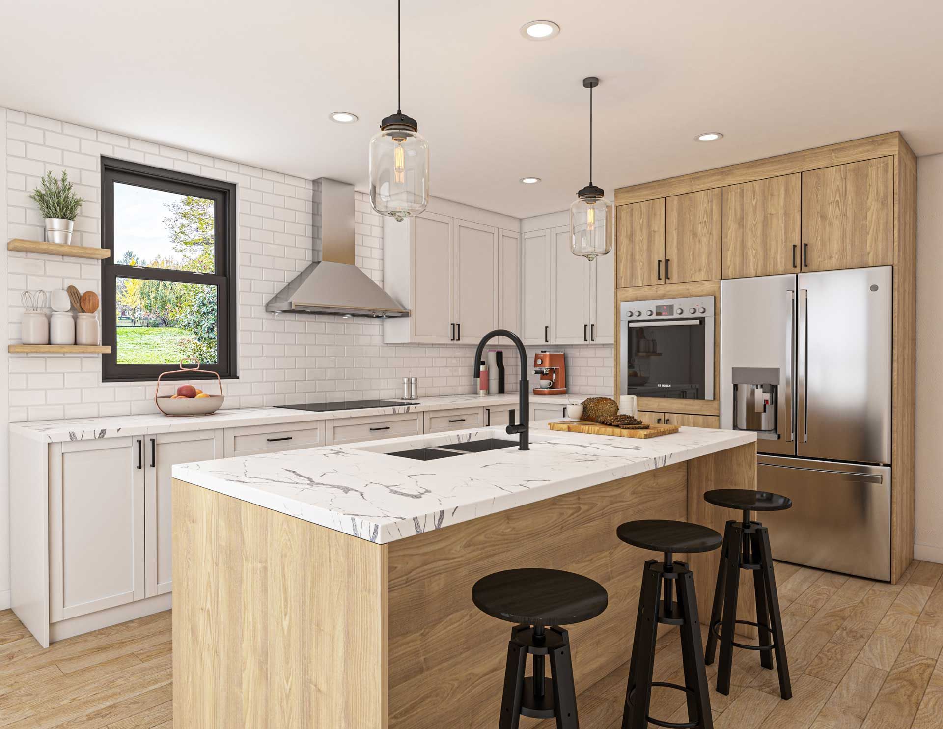 Modern kitchen with white cabinets, wood island, stainless steel appliances, and black stools.