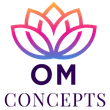 A logo for om concepts with a colorful lotus flower.