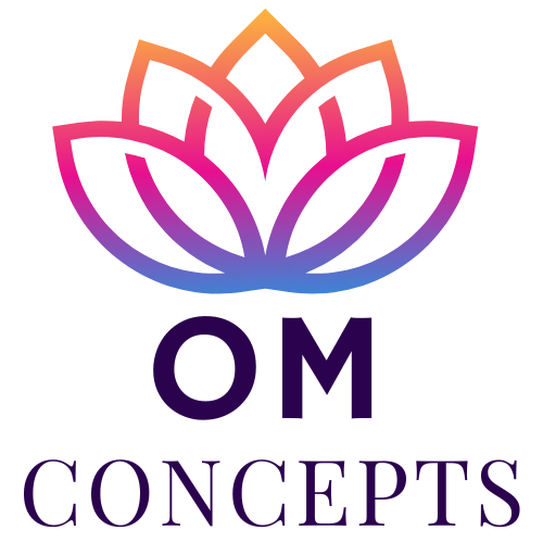 A logo for om concepts with a colorful lotus flower.