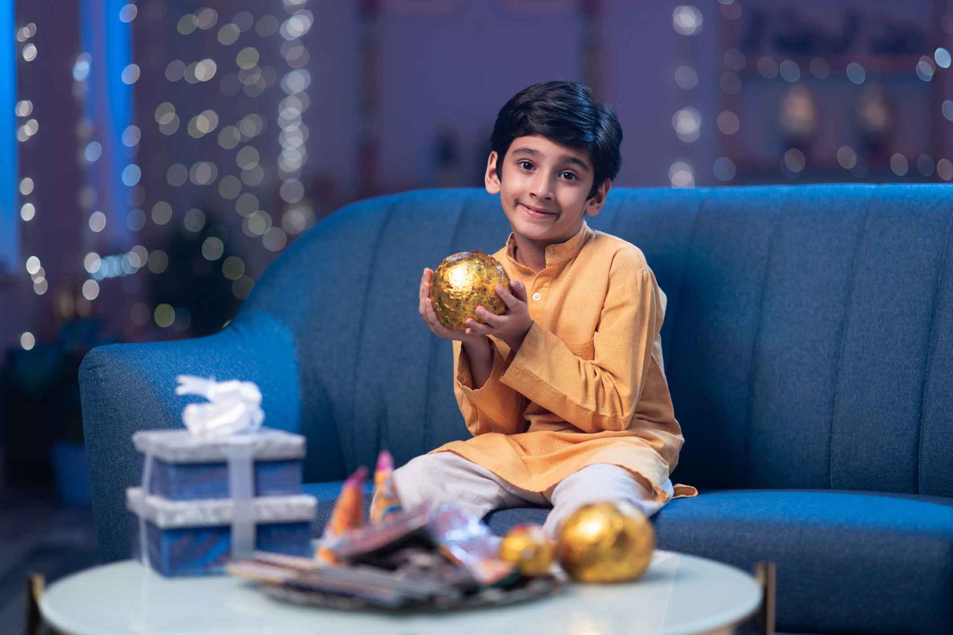 A young boy in an orange outfit holds a golden sphere, smiling on a blue couch. Gifts and decorations are on a table in front.