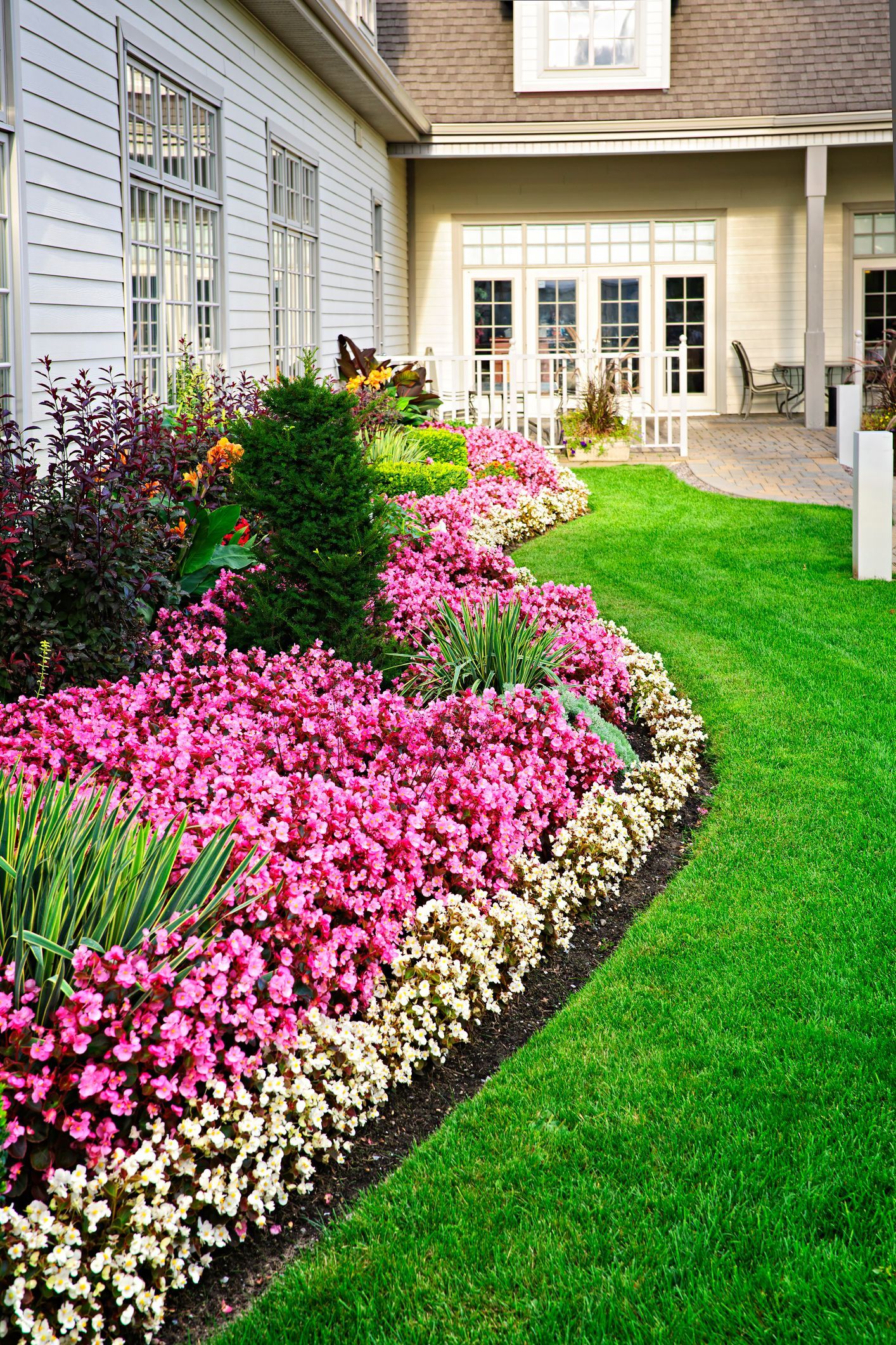 A garden with pink and white flowers in front of a house.