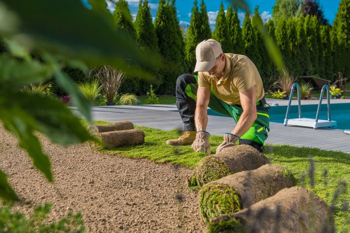 A man is working on a lawn next to a swimming pool.