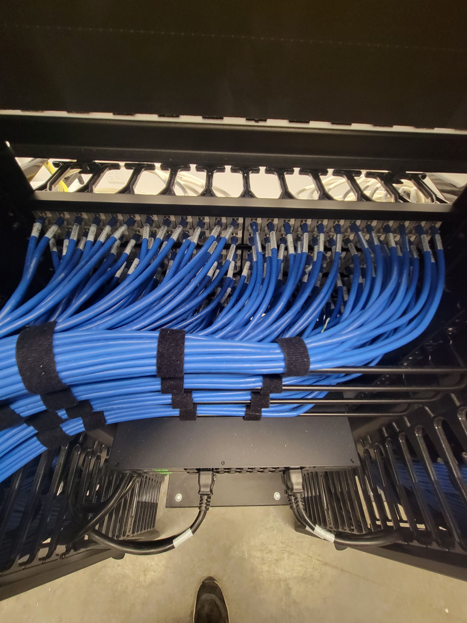 A bunch of blue wires are hanging from a rack.