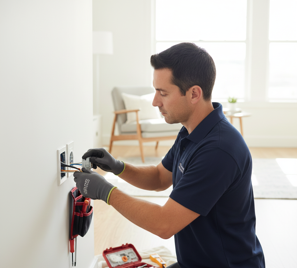 Electrician in dark blue shirt installing wiring in a white wall, using tools.