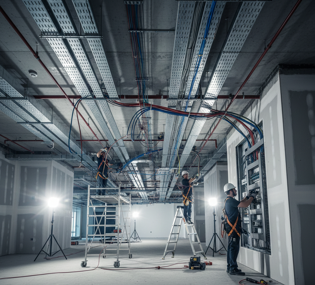 Construction workers installing electrical wiring in a building. Scaffolding, bright lights, and cable trays are visible.