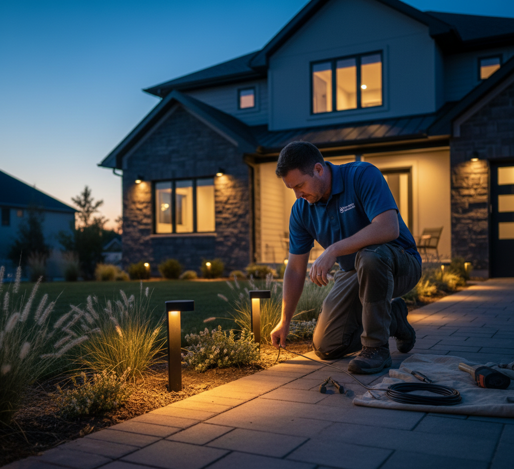 Man installing landscape lighting on a brick path in front of a house at dusk.