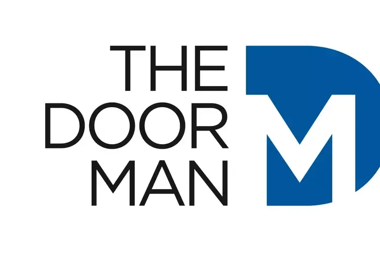 Un logo pour le portier avec un m bleu sur fond blanc.