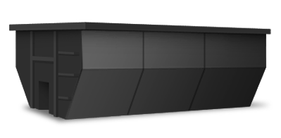 Black industrial dumpster with slanted sides on a white background