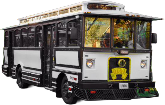 A white and black trolley bus with a yellow door on a white background.