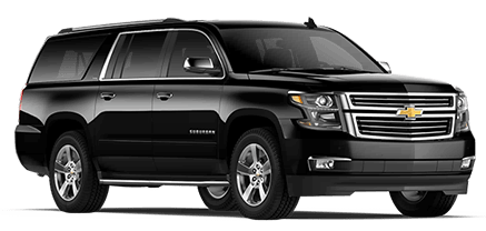 A black chevrolet suburban suv is parked on a white background.