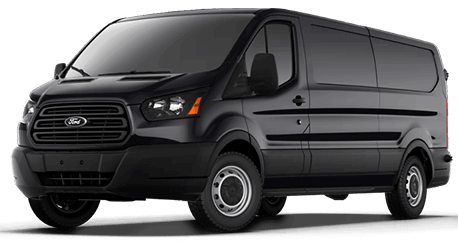 A black ford transit van is parked on a white background.