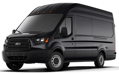 A black van is parked on a white background.