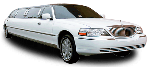 A white limousine is parked on a white background.
